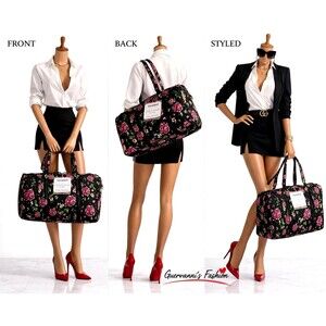 Traveland Quilted Floral Duffel Bag Black Pink Roses Weekender Carry On Travely2